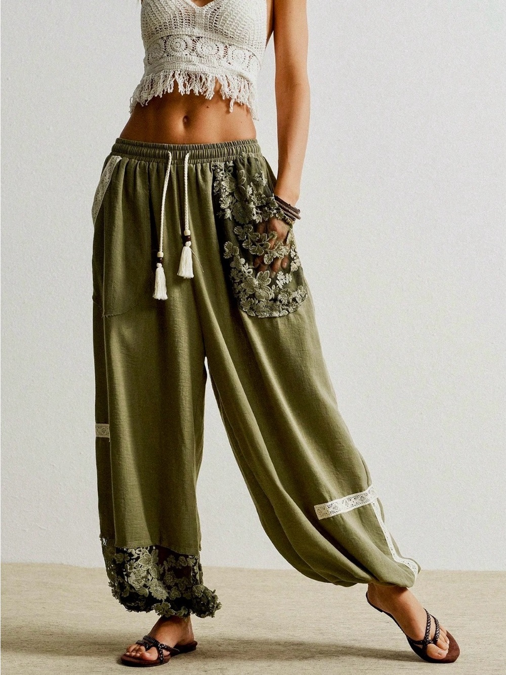 Boho Olive Green Embroidered Wide-Leg Pants Lace Detail Drawstring Harem Pants